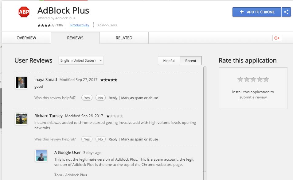 Fake Google Chrome AdBlock Plus extension reviews